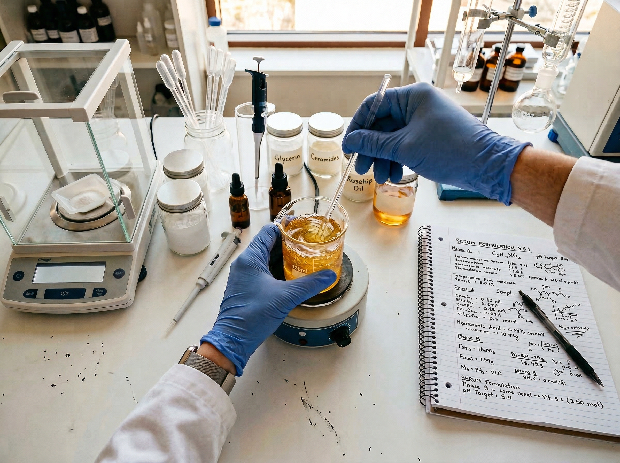 Cosmetic chemist carefully measuring botanical ingredients for a custom skincare formulation