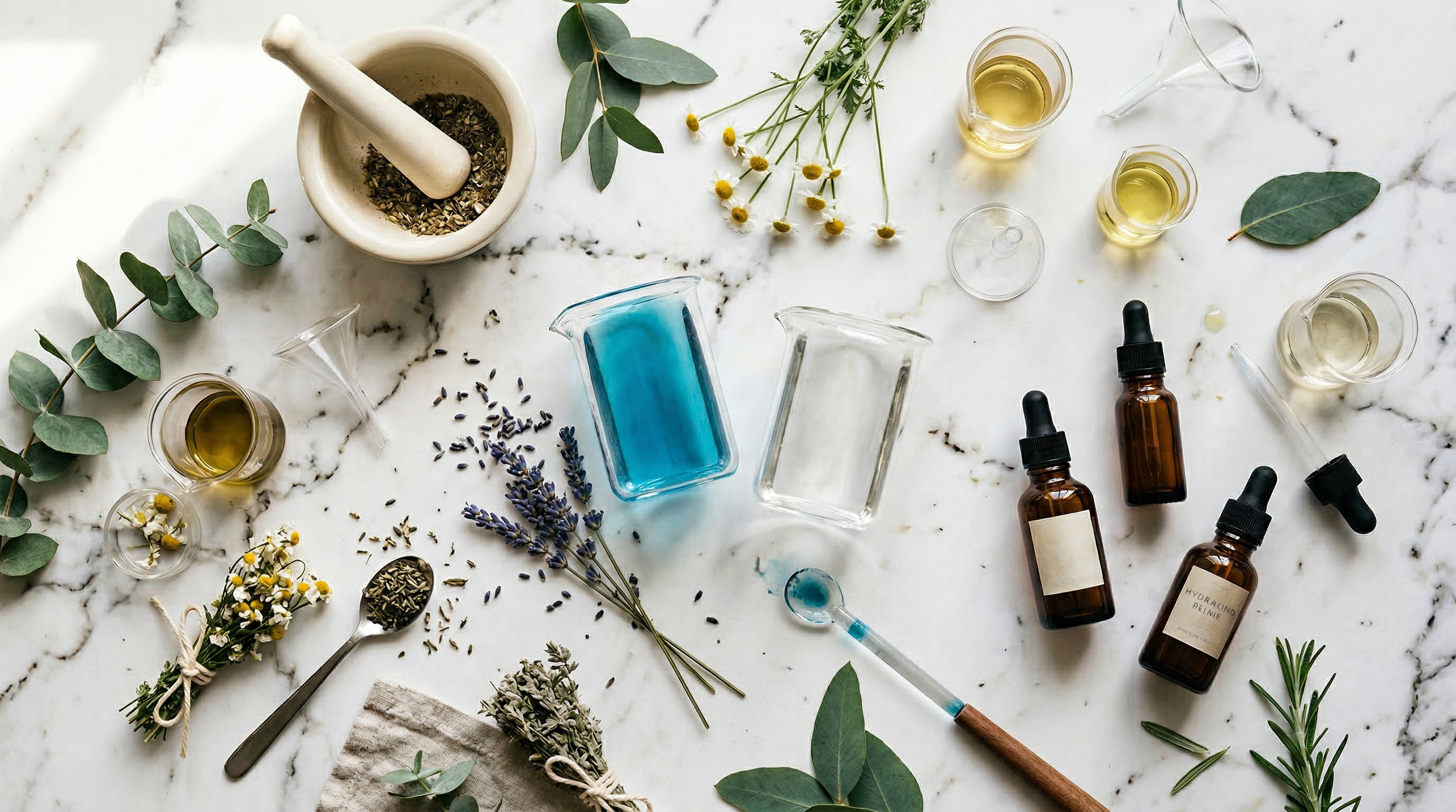 Custom skincare formulation lab with botanical ingredients and glass beakers