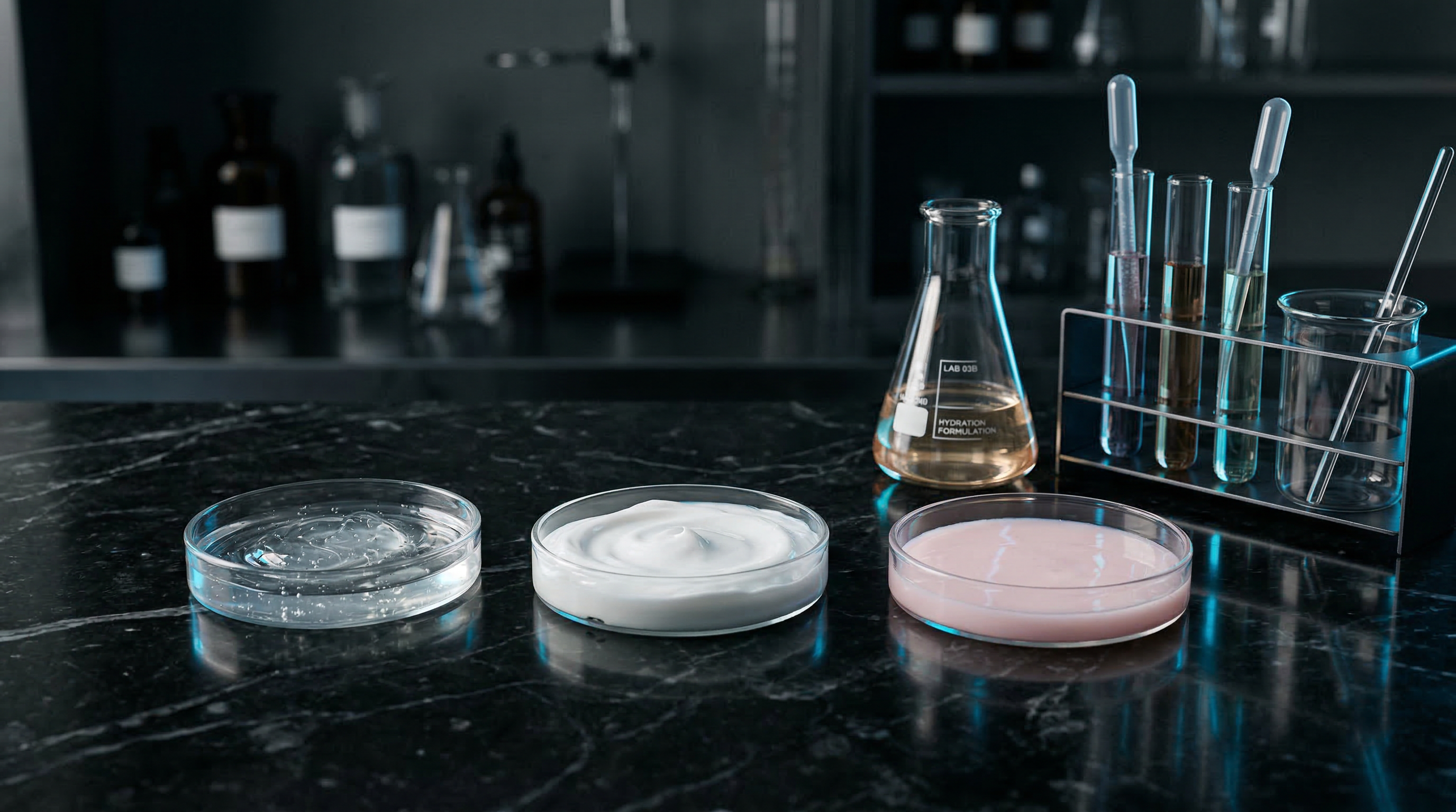Laboratory workspace with skincare formulation ingredients, pipettes, and glass beakers